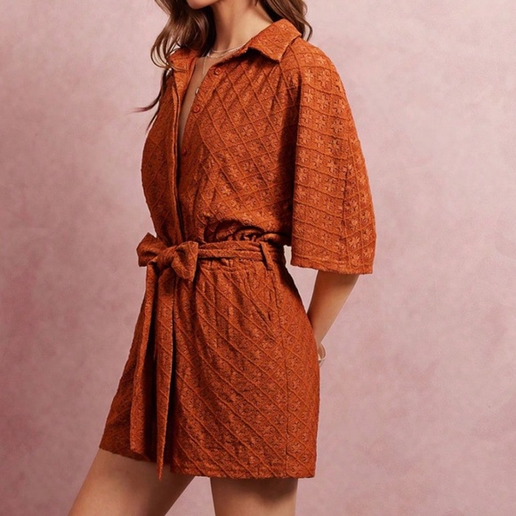 Boho Rust Batwing Sleeve Button Belted Romper - Picture 2 of 5
